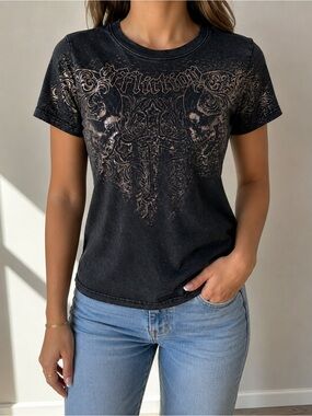 Affliction Black Vintage Skull Ornate Graphic Tee